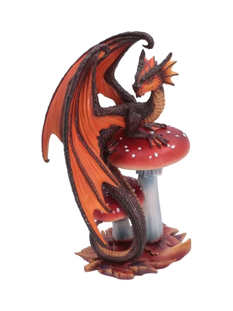Red dragon resting on red-and-white mushrooms