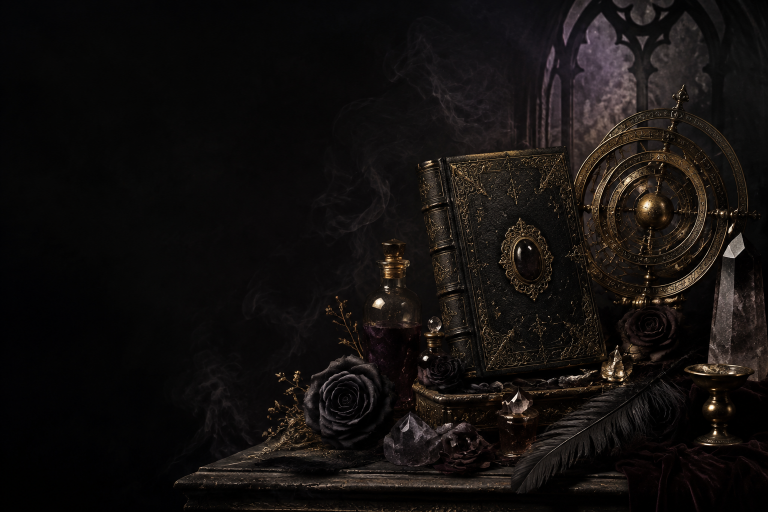 Ornate spellbook, astrolabe, crystals and black roses